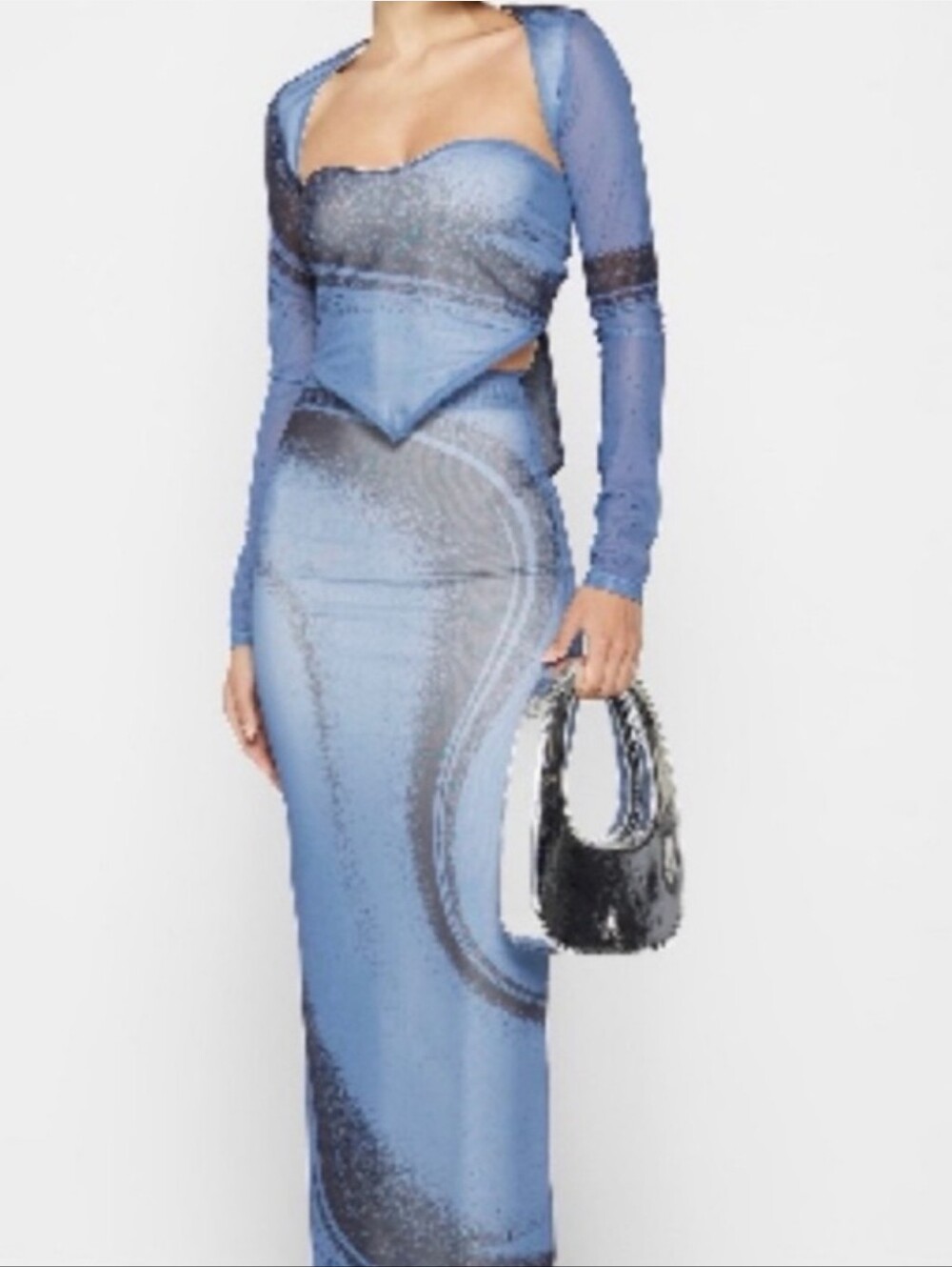 Manière De Voir blue mesh maxi skirt set with a black and gray swirl print